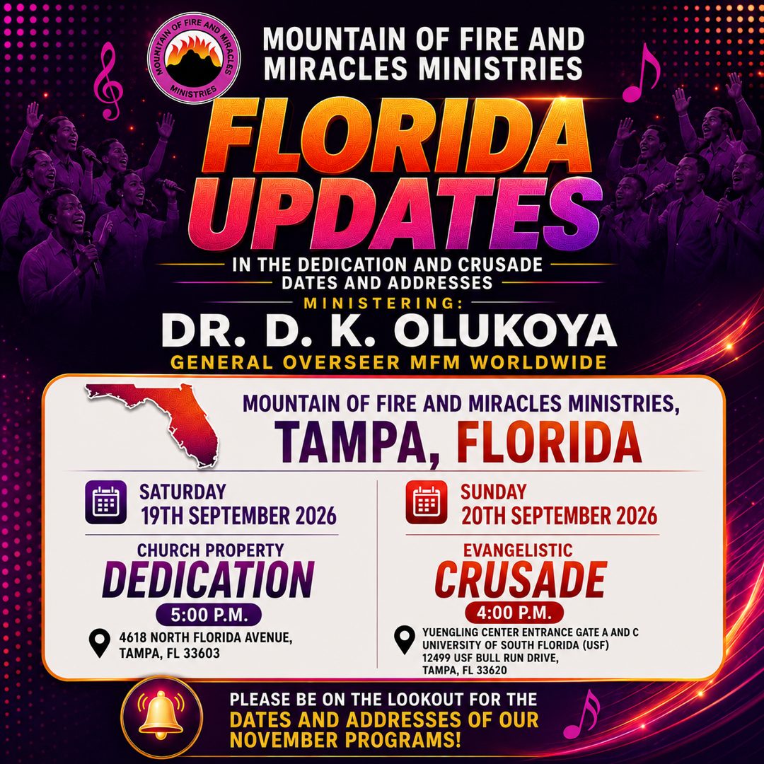 The Great Florida Deliverance Crusade & Church Property Dedication — Tampa, FL, September 19–20, 2026