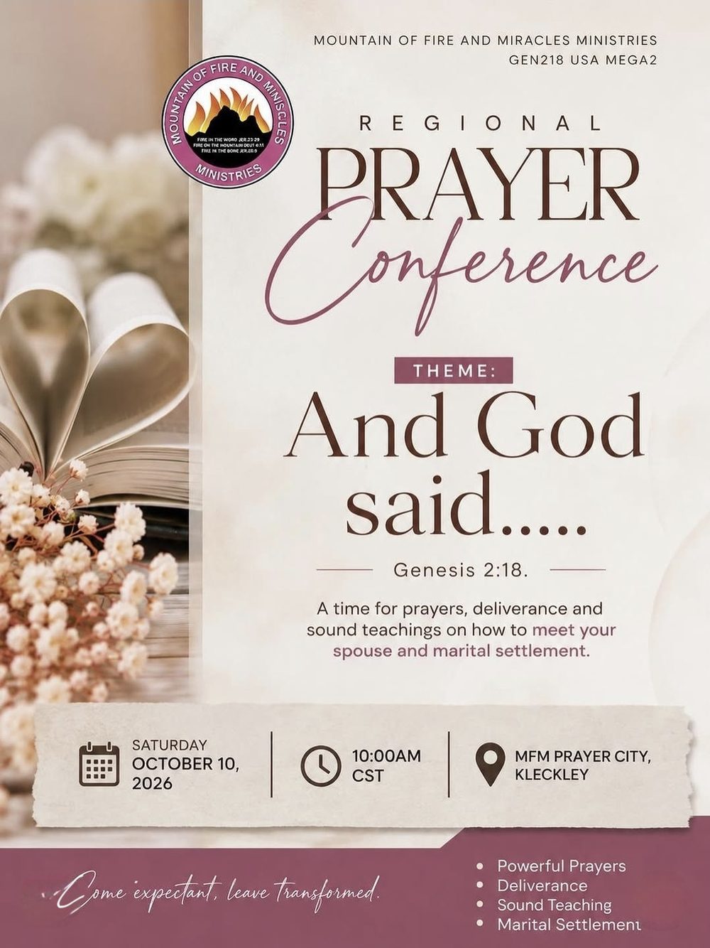 Gen218 Regional Prayer Conference — Saturday October 10, 2026, MFM Prayer City