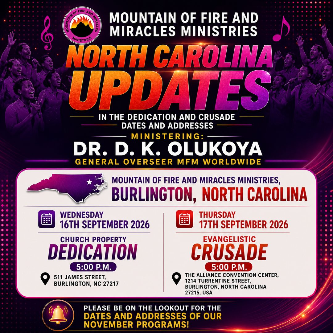 The Great North Carolina Deliverance Crusade & Church Property Dedication — Burlington, NC, September 16–17, 2026