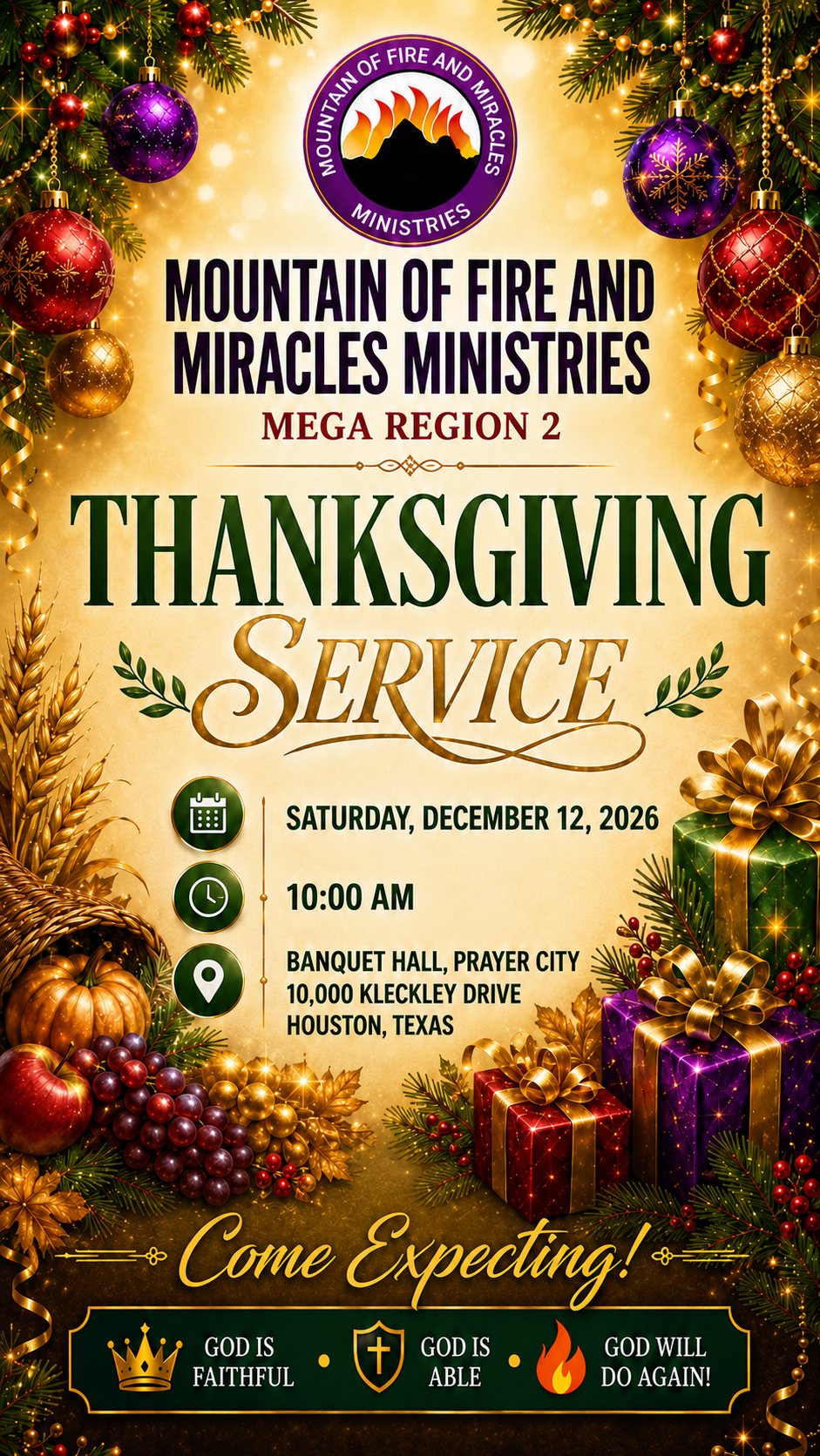 Thanksgiving Service — MFM Mega Region 2, Saturday December 12, 2026, MFM Banquet Hall Prayer City, Houston TX