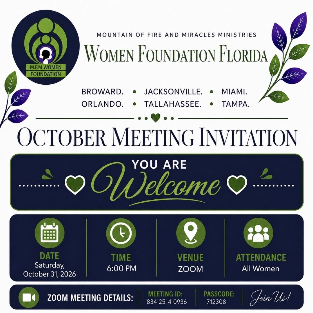 MFM Women Foundation Florida — October Meeting Invitation: You are welcome. Saturday October 31, 2026, 6:00 PM on Zoom. Broward, Jacksonville, Miami, Orlando, Tallahassee and Tampa. All women.